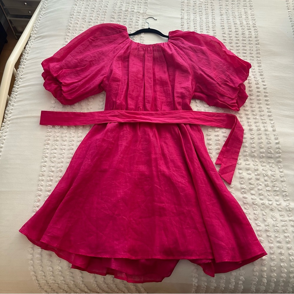 Banana Republic Pink Puff Sleeve Open Back Mini Dress Ramie Size M NWT - Picture 3 of 15